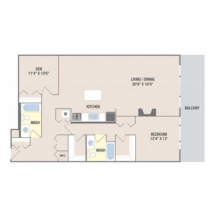 1 Bedroom 1 Den - 2 Bath Floorplan