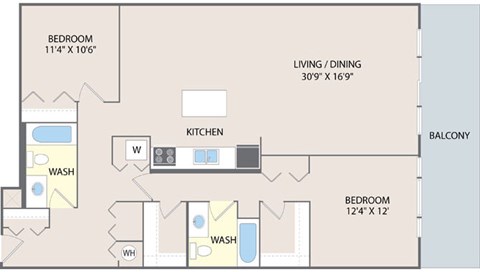 2 Bedroom - 2 Bath Floorplan