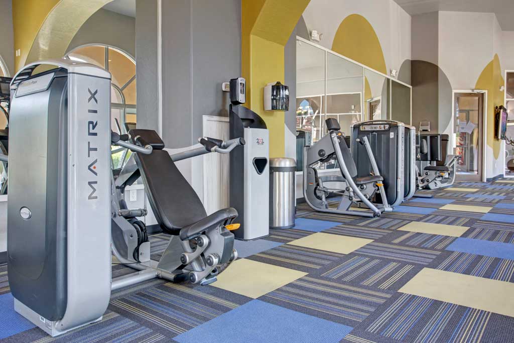 a row of exercise machines in a gym