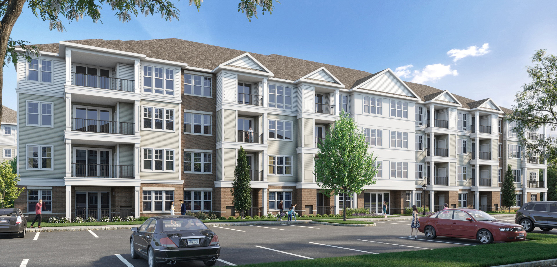 a rendering of an apartment building with cars parked in a parking lot
