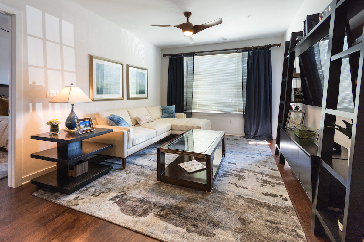 a living room with a couch and a coffee table