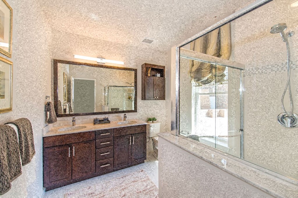 a bathroom with a sink and a shower and a mirror