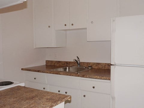 a kitchen with white cabinets and a sink