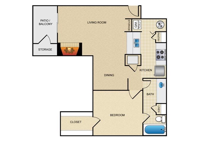 Cambridge, 1br/1ba, 812 sq ft floor plan
