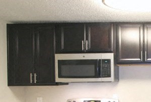 a kitchen with black cabinets and stainless steel appliances