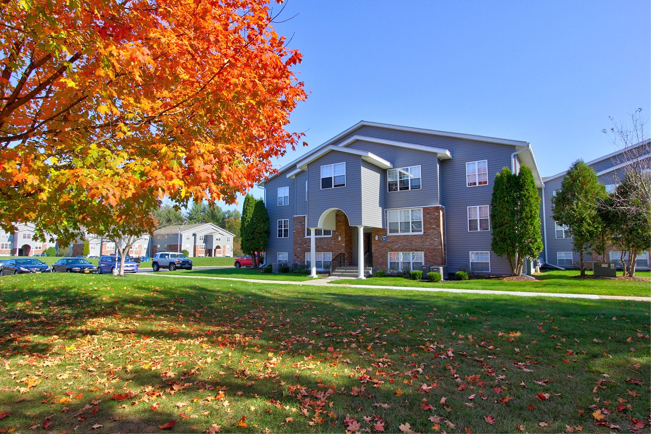 an apartment building with a maple tree in front of it
