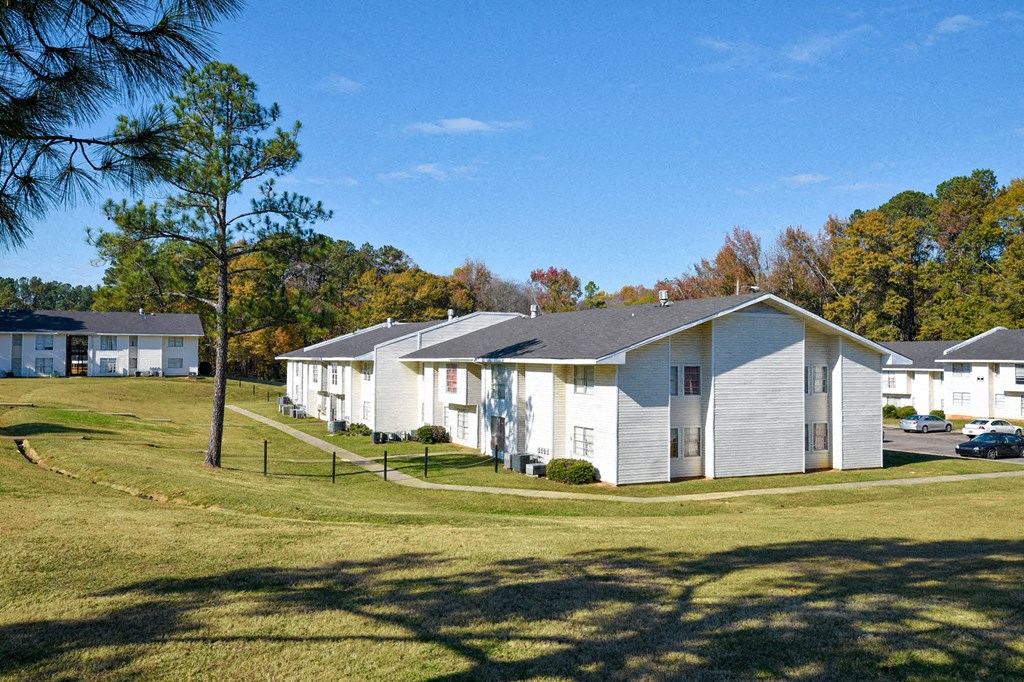 A row of houses with a tree in front of them.