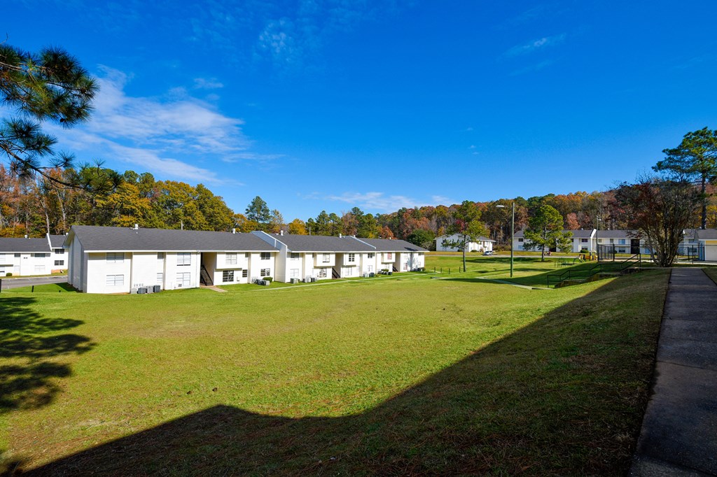 A row of houses with a grassy field in front.
