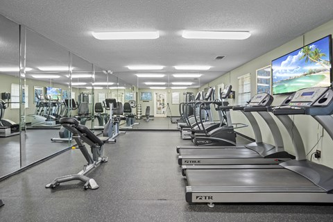 a gym with cardio equipment and mirrors in a building
