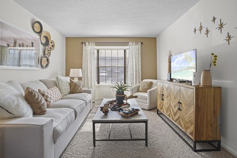 a living room with a couch and a coffee table