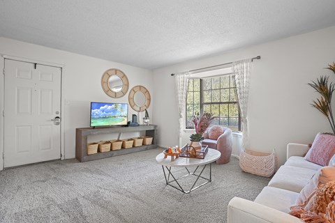 a living room with a couch and a table and a television