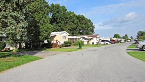 a street with houses and cars parked on the side of a road