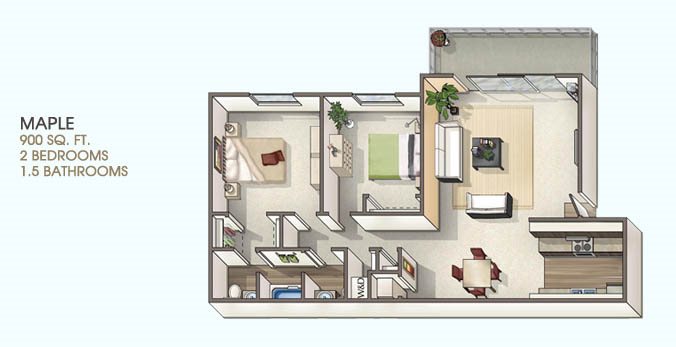 2 Bedroom 1.5 Floor Plan 3
