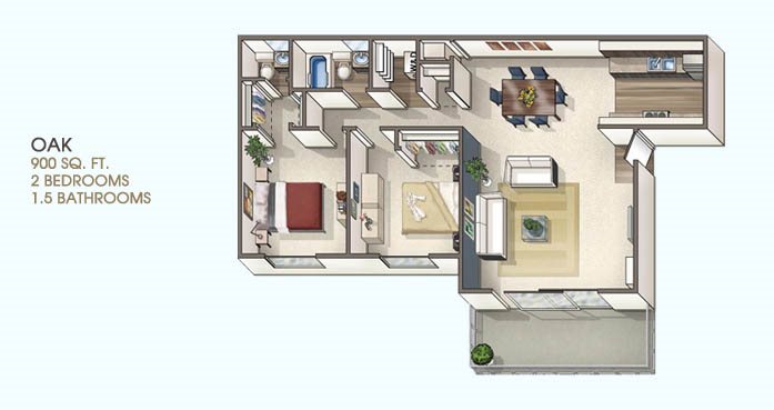 2 Bedroom 1.5 Bath Floor Plan 2