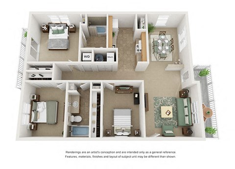 3 bedroom 2 bathroom floor plan at Villaes at Curtis Park in Denver, Colorado