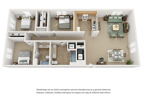 3 bedroom 2 bathroom floor plan at Villaes at Curtis Park in Denver, Colorado