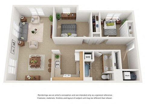 2 bedroom 1 bathroom floor plan at Villages at Curtis Park in Denver, Colorado