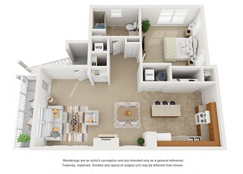1 bedroom 1 bathroom floor plan at Villages a Curtis Park in Denver, Colorado