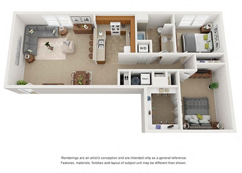 2 bedroom 1 bathroom floor plan at Villages at Curtis Park in Denver, Colorado