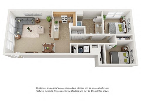 2 bedroom 1 bathroom floor plan at Villages at Curtis Park in Denver, Colorado