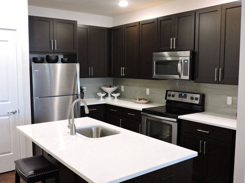 a kitchen with black cabinets and a sink and a refrigerator