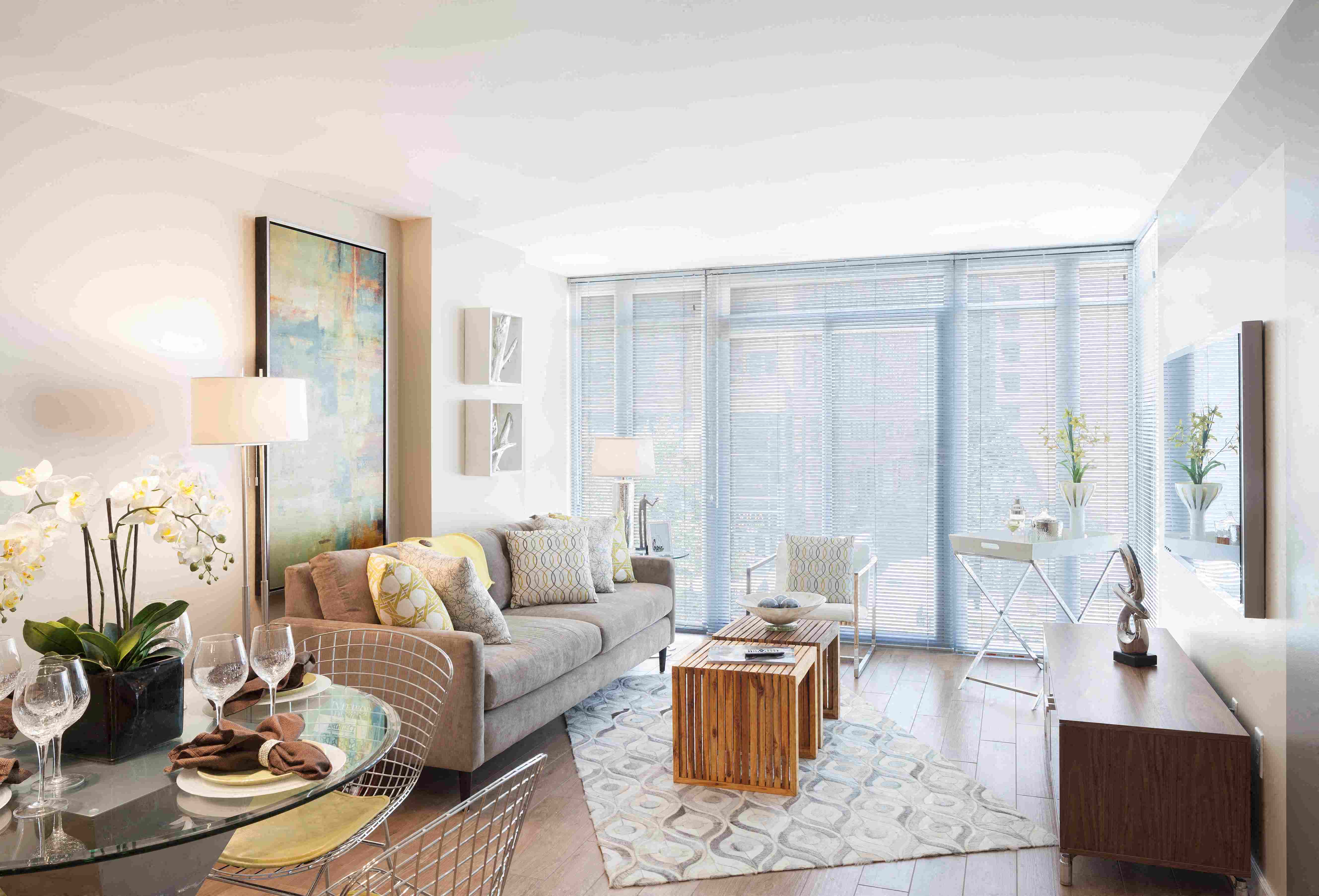 a living room with a couch and a table