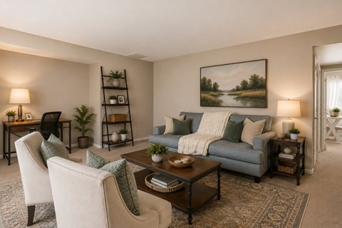 A living room with a grey couch, a coffee table, and a painting on the wall.