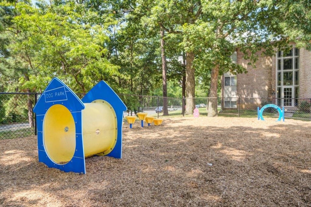 a playground with a yellow and blue structure and benches