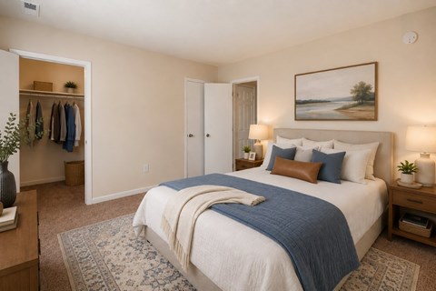 A bedroom with a large bed and a painting on the wall.