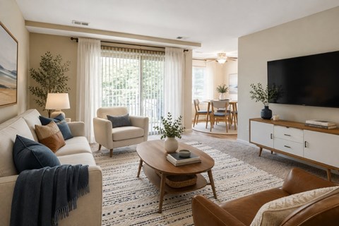 A living room with a sofa, armchairs, a coffee table, and a television.