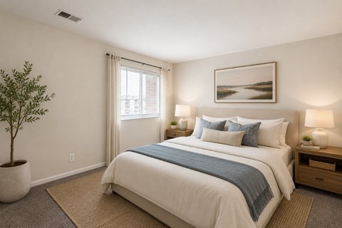 A bedroom with a large bed, a potted plant, and a framed picture on the wall.