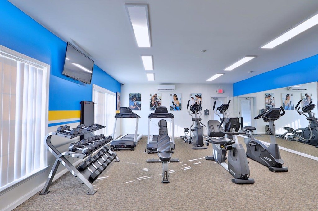 a gym with various exercise machines and a television