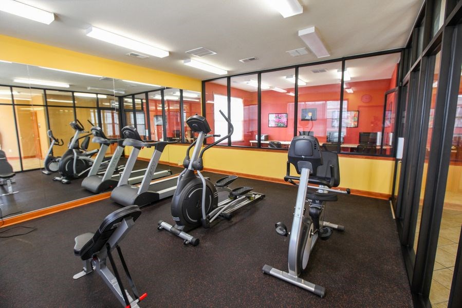 an indoor gym with cardio equipment and exercise bikes