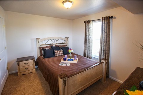 a bedroom with a bed and a window