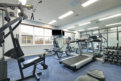A gym with a variety of equipment including a treadmill, weights, and a bench.