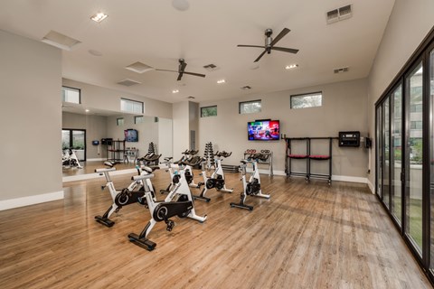 A gym with a row of stationary bikes and a television mounted on the wall.