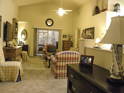 a living room filled with furniture and a fireplace