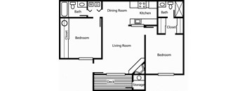 Oak - 2 Bedroom 2 Bath Floor Plan Layout - 918 Square Feet