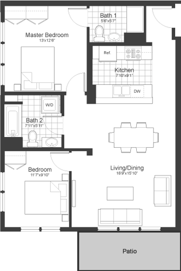 2 Bedroom 2 Bathroom Floor Plan at Park87, Cambridge, MA 02138