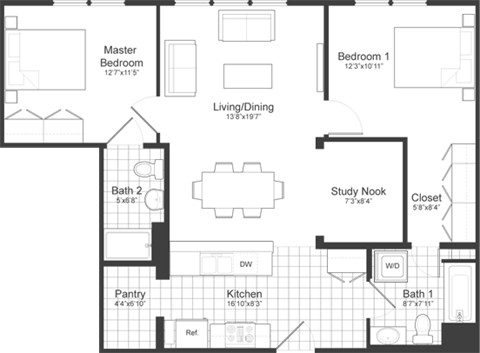 2 Bedroom Plus Floor Plan at Park87, Cambridge, Massachusetts 02138
