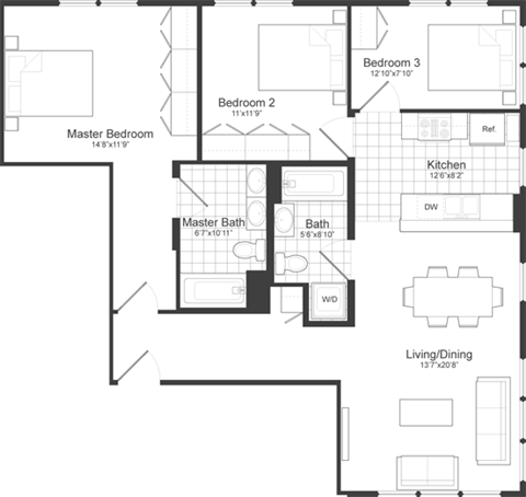 3 Bedroom 2 Bathroom Floor Plan at Park87, Cambridge, MA 02138