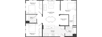 3 Bedroom Plus Floor Plan at Park87, Cambridge, MA