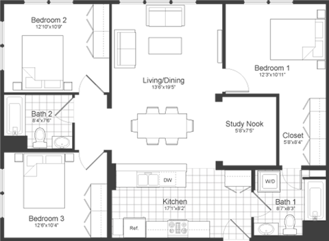 3 Bedroom Plus Floor Plan at Park87, Cambridge, MA
