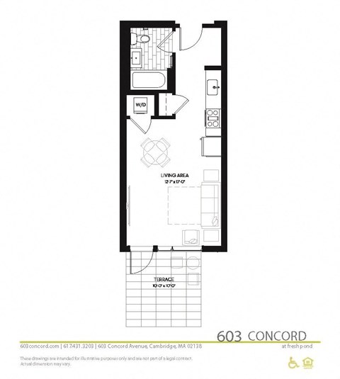 Studio 1 bathroom floor plan D at 603 Concord Apartments, Massachusetts