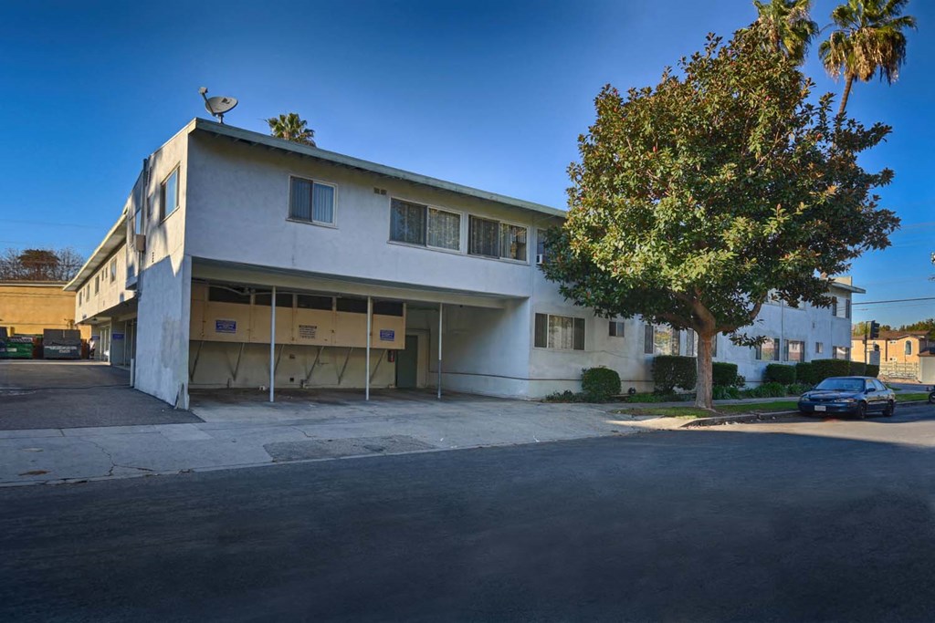 a white apartment building with a tree in front of it