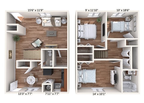 3 Bedroom Floor Plan at Oakview Apartments, Coram, NY