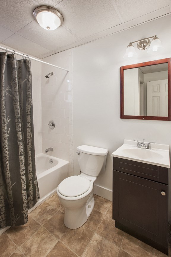 a bathroom with a shower toilet and sink