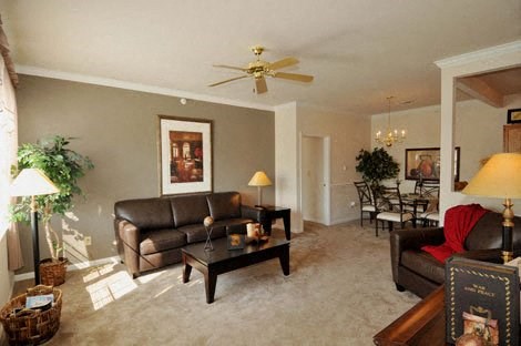 a living room with leather furniture and a ceiling fan