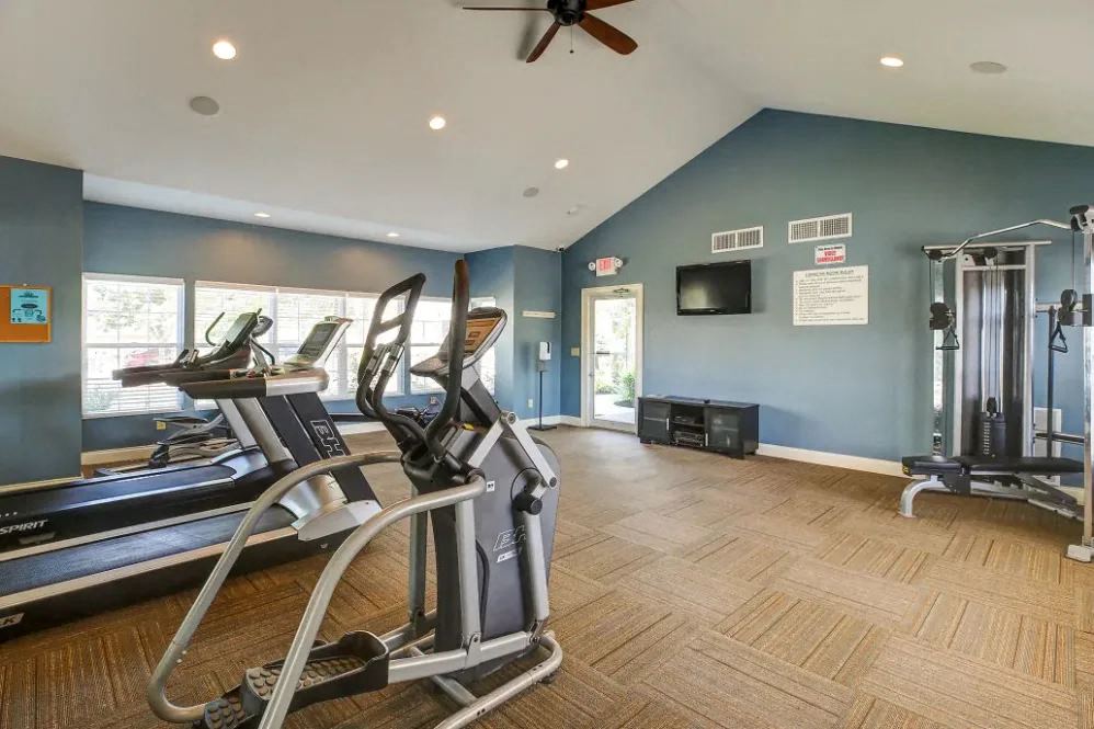 the gym has plenty of cardio equipment and a wall mounted tv