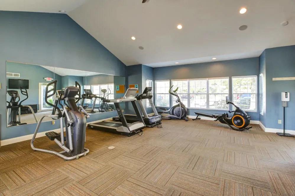 the gym has plenty of cardio equipment and a large window